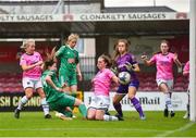 7 October 2018; Hannah O’Donoghue of Cork City FC sees her shot blocked by Edel Kennedy of Wexford Youths WFC during the Continental Tyres Women's National League Development Shield Final match between Cork City FC and Wexford Youths WFC at Turner's Cross in Cork. Photo by Seb Daly/Sportsfile