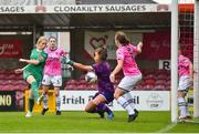7 October 2018; Katie McCarthy of Cork City FC sees her shot saved by Sophie Lenehan of Wexford Youths WFC during the Continental Tyres Women's National League Development Shield Final match between Cork City FC and Wexford Youths WFC at Turner's Cross in Cork. Photo by Seb Daly/Sportsfile