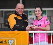 7 October 2018; Lauren Dwyer of Wexford Youths WFC is presented with the Player of the Match award by Tom Dennigan of Continental Tyres Group, following the Continental Tyres Women's National League Development Shield Final match between Cork City FC and Wexford Youths WFC at Turner's Cross in Cork. Photo by Seb Daly/Sportsfile
