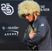 6 October 2018; Khabib Nurmagomedov during the post fight press conference following his victory over Conor McGregor in their UFC lightweight championship fight during UFC 229 at T-Mobile Arena in Las Vegas, Nevada, USA. Photo by Stephen McCarthy/Sportsfile