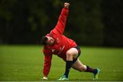 8 October 2018; Niall Scannell stretches during Munster Rugby squad training at the University of Limerick in Limerick. Photo by Diarmuid Greene/Sportsfile
