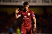 8 October 2018; Reece McEnteer of Shelbourne acknowledges supporters after being sent off in the first half during the SSE Airtricity League Promotion / Relegation Play-off Series 2nd leg match between Shelbourne and Drogheda United at Tolka Park in Dublin. Photo by Piaras Ó Mídheach/Sportsfile