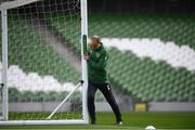9 October 2018; Republic of Ireland manager Martin O'Neill moves a goal post during a Republic of Ireland training session at the Aviva Stadium in Dublin. Photo by Stephen McCarthy/Sportsfile