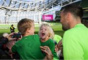 9 October 2018; A young supporter reacts to meeting Shane Duffy following a Republic of Ireland training session at the Aviva Stadium in Dublin. Photo by Stephen McCarthy/Sportsfile