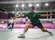 9 October 2018; Nhat Nguyen of Team Ireland, from Clarehall, Dublin, in action against Uriel Francisco Canjura Artiga of El Salvador during the men's badminton singles, round 3, event at Tecnópolis park, Buenos Aires, on Day 3 of the Youth Olympic Games in Buenos Aires, Argentina. Photo by Eóin Noonan/Sportsfile