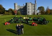 11 October 2018; Killeen Castle Golf Club in County Meath is celebrating it's 10th Anniversary in 2019 as well as it's recent investment in a state of the art fleet deal with John Deere and local dealer Dublin Grass Machinery over €500,000. In attendance alongside the new machinery are, from left, Robert Mitchell from Dublin Grass Machinery, Mark Collins, Course Superintendant and Noel Bennett from Dublin Grass Machinery on the 18th hole at Killeen Castle Golf Club, Co. Meath. Photo by David Fitzgerald/Sportsfile
