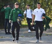 10 October 2018; William Ferry, left, and Ali Reghba of Republic of Ireland arrive prior to the UEFA U19 European Championship Qualifying match between Bosnia & Herzegovina and Republic of Ireland at the City Calling Stadium in Longford. Photo by Seb Daly/Sportsfile