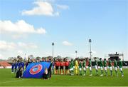 10 October 2018; Republic of Ireland players during the national anthem prior to the UEFA U19 European Championship Qualifying match between Bosnia & Herzegovina and Republic of Ireland at the City Calling Stadium in Longford. Photo by Seb Daly/Sportsfile