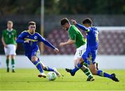 10 October 2018; William Ferry of Republic of Ireland in action against Stefan Santrac, left, and Jusuf Gazibegovic of Bosnia and Herzegovina during the UEFA U19 European Championship Qualifying match between Bosnia & Herzegovina and Republic of Ireland at the City Calling Stadium in Longford. Photo by Seb Daly/Sportsfile