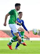 10 October 2018; Troy Parrott of Republic of Ireland in action against Stefan Santrac of Bosnia and Herzegovina during the UEFA U19 European Championship Qualifying match between Bosnia & Herzegovina and Republic of Ireland at the City Calling Stadium in Longford. Photo by Seb Daly/Sportsfile