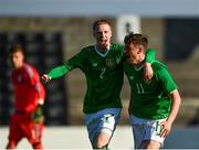 10 October 2018; William Ferry of Republic of Ireland, right, celebrates with team-mate Glen McAuley, after scoring his side's first goal during the UEFA U19 European Championship Qualifying match between Bosnia & Herzegovina and Republic of Ireland at the City Calling Stadium in Longford. Photo by Seb Daly/Sportsfile