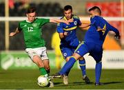 10 October 2018; Andrew Lyons of Republic of Ireland in action against Milan Savic, centre, and Marko Brkic of Bosnia and Herzegovina during the UEFA U19 European Championship Qualifying match between Bosnia & Herzegovina and Republic of Ireland at the City Calling Stadium in Longford. Photo by Seb Daly/Sportsfile