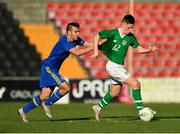 10 October 2018; Andrew Lyons of Republic of Ireland in action against Milan Savic of Bosnia and Herzegovina during the UEFA U19 European Championship Qualifying match between Bosnia & Herzegovina and Republic of Ireland at the City Calling Stadium in Longford. Photo by Seb Daly/Sportsfile