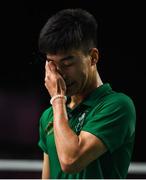 10 October 2018; Nhat Nguyen of Team Ireland, from Clarehall, Dublin, following defeat to Shifeng Li of China during the men's badminton singles, quarter final round, in Tecnópolis park, Buenos Aires, on Day 4 of the Youth Olympic Games in Buenos Aires, Argentina. Photo by Eóin Noonan/Sportsfile