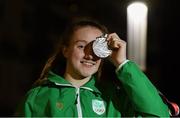 10 October 2018; Niamh Coyne of Team Ireland, from Tallaght, Dublin, with her silver medal, after placing second in the women's 100m breaststroke event, in the Youth Olympic Park, on Day 4 of the Youth Olympic Games in Buenos Aires, Argentina. Photo by Eóin Noonan/Sportsfile