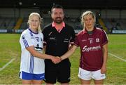 21 July 2018; Referee Seamus Mulvihill with team captains Mairead Wall of Waterford, left, and Tracey Leonard of Galway prior to the TG4 All-Ireland Senior Championship Group 3 Round 2 match between Galway and Waterford at St Brendan's Park in Birr, Co. Offaly.  Photo by Brendan Moran/Sportsfile