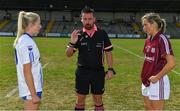 21 July 2018; Referee Seamus Mulvihill performs the coin toss in the company of team captains Mairead Wall of Waterford, left, and Tracey Leonard of Galway prior to the TG4 All-Ireland Senior Championship Group 3 Round 2 match between Galway and Waterford at St Brendan's Park in Birr, Co. Offaly.  Photo by Brendan Moran/Sportsfile