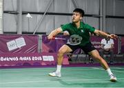 10 October 2018; Nhat Nguyen of Team Ireland, from Clarehall, Dublin, in action against Shifeng Li of China during the men's badminton singles, quarter final round, in Tecnópolis park, Buenos Aires, on Day 4 of the Youth Olympic Games in Buenos Aires, Argentina. Photo by Eóin Noonan/Sportsfile