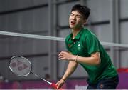 10 October 2018; Nhat Nguyen of Team Ireland, from Clarehall, Dublin, reacts after defeat to Shifeng Li of China during the men's badminton singles, quarter final round, in Tecnópolis park, Buenos Aires, on Day 4 of the Youth Olympic Games in Buenos Aires, Argentina. Photo by Eóin Noonan/Sportsfile