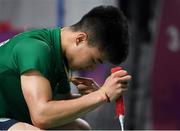 10 October 2018; Nhat Nguyen of Team Ireland, from Clarehall, Dublin, reacts after defeat to Shifeng Li of China during the men's badminton singles, quarter final round, in Tecnópolis park, Buenos Aires, on Day 4 of the Youth Olympic Games in Buenos Aires, Argentina. Photo by Eóin Noonan/Sportsfile