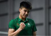 10 October 2018; Nhat Nguyen of Team Ireland, from Clarehall, Dublin, reacts after winning a point against Shifeng Li of China during the men's badminton singles, quarter final round, in Tecnópolis park, Buenos Aires, on Day 4 of the Youth Olympic Games in Buenos Aires, Argentina. Photo by Eóin Noonan/Sportsfile