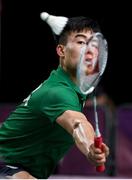 10 October 2018; Nhat Nguyen of Team Ireland, from Clarehall, Dublin, in action against Shifeng Li of China during the men's badminton singles, quarter final round, in Tecnópolis park, Buenos Aires, on Day 4 of the Youth Olympic Games in Buenos Aires, Argentina. Photo by Eóin Noonan/Sportsfile