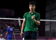 10 October 2018; Nhat Nguyen of Team Ireland, from Clarehall, Dublin, reacts after winning a point against Shifeng Li of China during the men's badminton singles, quarter final round, in Tecnópolis park, Buenos Aires, on Day 4 of the Youth Olympic Games in Buenos Aires, Argentina. Photo by Eóin Noonan/Sportsfile