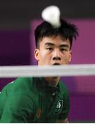 10 October 2018; Nhat Nguyen of Team Ireland, from Clarehall, Dublin, in action against Shifeng Li of China during the men's badminton singles, quarter final round, in Tecnópolis park, Buenos Aires, on Day 4 of the Youth Olympic Games in Buenos Aires, Argentina. Photo by Eóin Noonan/Sportsfile