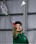 10 October 2018; Nhat Nguyen of Team Ireland, from Clarehall, Dublin, reacts after winning a point against Shifeng Li of China during the men's badminton singles, quarter final round, in Tecnópolis park, Buenos Aires, on Day 4 of the Youth Olympic Games in Buenos Aires, Argentina. Photo by Eóin Noonan/Sportsfile