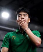 10 October 2018; Nhat Nguyen of Team Ireland, from Clarehall, Dublin, reacts after loosing a point to Shifeng Li of China during the men's badminton singles, quarter final round, in Tecnópolis park, Buenos Aires, on Day 4 of the Youth Olympic Games in Buenos Aires, Argentina. Photo by Eóin Noonan/Sportsfile