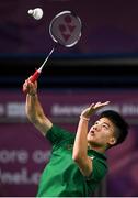 10 October 2018; Nhat Nguyen of Team Ireland, from Clarehall, Dublin, in action against Shifeng Li of China during the men's badminton singles, quarter final round, in Tecnópolis park, Buenos Aires, on Day 4 of the Youth Olympic Games in Buenos Aires, Argentina. Photo by Eóin Noonan/Sportsfile