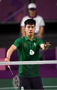 10 October 2018; Nhat Nguyen of Team Ireland, from Clarehall, Dublin, in action against Shifeng Li of China during the men's badminton singles, quarter final round, in Tecnópolis park, Buenos Aires, on Day 4 of the Youth Olympic Games in Buenos Aires, Argentina. Photo by Eóin Noonan/Sportsfile