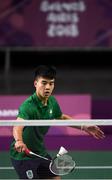 10 October 2018; Nhat Nguyen of Team Ireland, from Clarehall, Dublin, in action against Shifeng Li of China during the men's badminton singles, quarter final round, in Tecnópolis park, Buenos Aires, on Day 4 of the Youth Olympic Games in Buenos Aires, Argentina. Photo by Eóin Noonan/Sportsfile