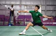 10 October 2018; Nhat Nguyen of Team Ireland, from Clarehall, Dublin, in action against Shifeng Li of China during the men's badminton singles, quarter final round, in Tecnópolis park, Buenos Aires, on Day 4 of the Youth Olympic Games in Buenos Aires, Argentina. Photo by Eóin Noonan/Sportsfile