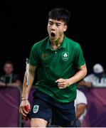 10 October 2018; Nhat Nguyen of Team Ireland, from Clarehall, Dublin, reacts after winning a point against Shifeng Li of China during the men's badminton singles, quarter final round, in Tecnópolis park, Buenos Aires, on Day 4 of the Youth Olympic Games in Buenos Aires, Argentina. Photo by Eóin Noonan/Sportsfile