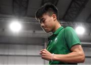 10 October 2018; Nhat Nguyen of Team Ireland, from Clarehall, Dublin, reacts after winning a point against Shifeng Li of China during the men's badminton singles, quarter final round, in Tecnópolis park, Buenos Aires, on Day 4 of the Youth Olympic Games in Buenos Aires, Argentina. Photo by Eóin Noonan/Sportsfile