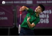 10 October 2018; Nhat Nguyen of Team Ireland, from Clarehall, Dublin, in action against Shifeng Li of China during the men's badminton singles, quarter final round, in Tecnópolis park, Buenos Aires, on Day 4 of the Youth Olympic Games in Buenos Aires, Argentina. Photo by Eóin Noonan/Sportsfile