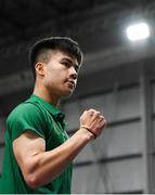 10 October 2018; Nhat Nguyen of Team Ireland, from Clarehall, Dublin, reacts after winning a point against Shifeng Li of China during the men's badminton singles, quarter final round, in Tecnópolis park, Buenos Aires, on Day 4 of the Youth Olympic Games in Buenos Aires, Argentina. Photo by Eóin Noonan/Sportsfile