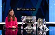 11 October 2018; RTÉ presenter Joanne Cantwell with The Sam Maguire Cup and The Liam Mac Carthy Cup before The GAA Championship Draw 2019 at RTÉ Studios in Donnybrook, Dublin. Photo by Piaras Ó Mídheach/Sportsfile