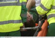 6 September 2003; Geordan Murphy, Ireland, leaves the field on a stretcher after sustaining a leg injury. RBS World Cup Countdown test, Scotland v Ireland, Murrayfield Stadium, Edinburgh, Scotland. Picture credit; Brendan Moran / SPORTSFILE *EDI*