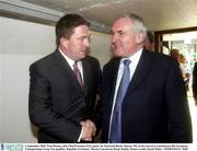 6 September 2003; Fran Rooney, left, Chief Executive FAI, greets An Taoiseach Bertie Aherne, TD, on his arrival at Landsdowne Rd. European Championship Group Ten qualifier, Republic of Ireland v Russia, Lansdowne Road, Dublin. Picture credit; David Maher / SPORTSFILE *EDI*