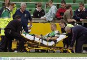 7 September 2003; Cork City's John O'Flynn is removed to hospital by stretcher. eircom League Premier Division, UCD v Cork City, Belfield, Dublin. Picture credit; Ray McManus / SPORTSFILE *EDI*