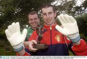 8 September 2003; Chris Adamson, St. Patrick's Athletic goalkeeper, right, with Republic of Ireland goalkeeper Joe Murphy after winning the eircom Soccer Writers Association of Ireland player of the month for August. Malahide, Co. Dublin. Soccer.  Picture credit; David Maher / SPORTSFILE *EDI*