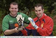 8 September 2003; Chris Adamson, St. Patrick's Athletic goalkeeper, right, with Republic of Ireland goalkeeper Joe Murphy after winning the eircom Soccer Writers Association of Ireland player of the month for August. Malahide, Co. Dublin. Soccer.  Picture credit; David Maher / SPORTSFILE *EDI*