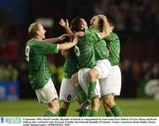 9 September 2003; David Connolly, Republic of Ireland, is congratulated by team-mates Gary Doherty (9) Gary Breen and Kevin Kilbane after scoring his sides first goal. Friendly International, Republic of Ireland v Turkey, Lansdowne Road, Dublin. Picture credit; Damien Eagers / SPORTSFILE *EDI*