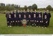 11 September 2003; Bulmers marketing manager Stephen Kent with the Royal Tara team, who lost to Gort on the 20th hole in the final of the Pierce Purcell final, back row left to right, Gerry Powderly, Jack Kane, Ger Toher, Ciaran Loughlin, Peter Henshaw, Pearse OÕDwyer, Michael Moran, Paddy OÕBrien, Joe Mitchell, John F Byrne, Francis Collier, front row, Sean Clerkin, John Moylan, Dominic OÕBrien, Jim Bannon, Pat Wade, Louis Murray, Michael Clarke and Allen Foley pictured at the All-Ireland finals of the Bulmers Cup and Shields in Lisburn Golf Club, Lisburn, Co Antrim, Northern Ireland. Picture credit; Ray McManus / SPORTSFILE *EDI*