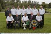 12 September 2003; Bulmers marketing manager Stephen Kent with the Skerries team, the winners of the Junior Cup, back row, left to right, Stephen Crookes, Kingsley Lewis, David Murray, Alec Dignam, Eoin Mooney, Paul Daniels, front row, Mark Justice, Michael O'Donoghue, President, GUI, Mike Neary, Peter Galligan and David Garrigan pictured at the All-Ireland finals of the Bulmers Cup and Shields in Lisburn Golf Club, Lisburn, Co Antrim, Northern Ireland. Picture credit; Ray McManus / SPORTSFILE *EDI*