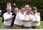 13 September 2003; Ken Sweeney, caddie, Joe Hogan, caddie, Brian Kane, Martin Wilson, Harry Gleeson, Team manager, John Whooley and Brian Gleeson, Castle Golf Club, celebrate victory in the Jimmy Bruen Shield Final at the All-Ireland finals of the Bulmers Cup and Shields in Lisburn Golf Club, Lisburn, Co Antrim, Northern Ireland. Picture credit; Ray McManus / SPORTSFILE *EDI*