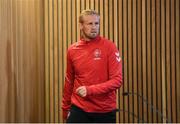 12 October 2018; Kasper Schmeichel arrives for a Denmark press conference at the Aviva Stadium in Dublin. Photo by Stephen McCarthy/Sportsfile