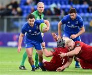12 October 2018; Paddy Patterson of Leinster A is tackled by Josh Wycherley and Jeremy Loughman, right, of Munster A during the Celtic Cup Round 6 match between Leinster A and Munster A at Energia Park in Dublin. Photo by Matt Browne/Sportsfile